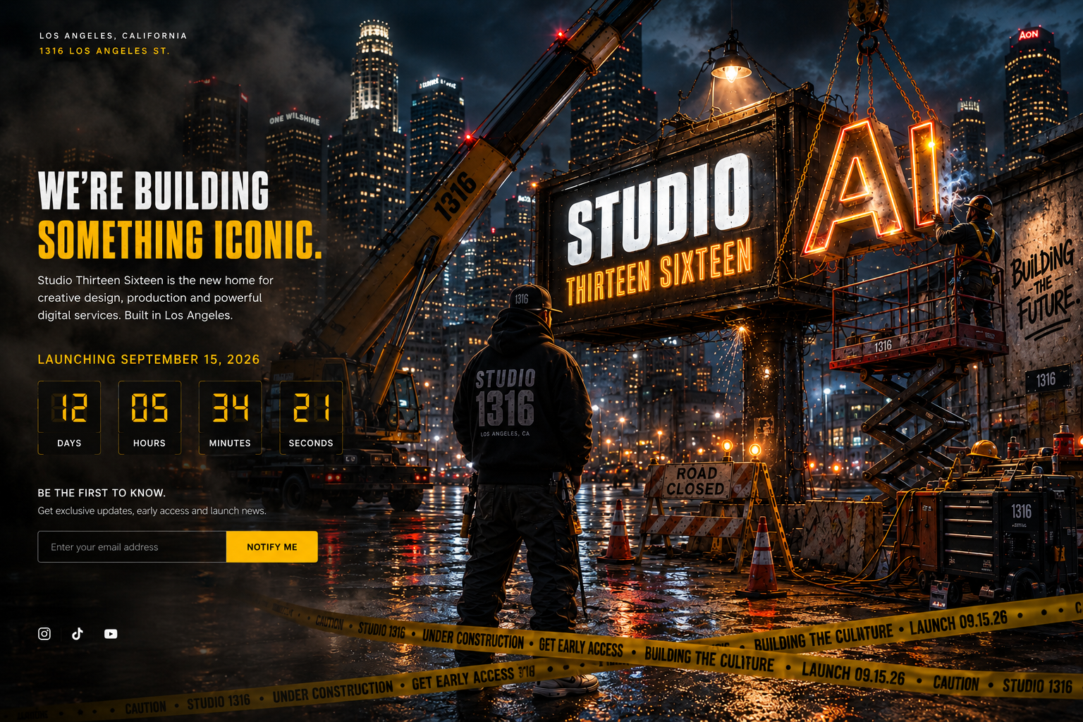 Studio Thirteen Sixteen construction site in Los Angeles with an AI sign being installed